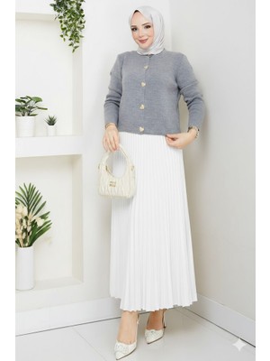 RFK Butik Kadın Triko Gold Kalpli Hırka Piliseli Etekli Takım - Gri-Beyaz