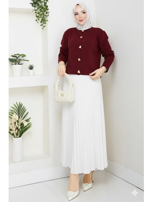 RFK Butik Kadın Triko Gold Kalpli Hırka Piliseli Etekli Takım - Bordo-Beyaz