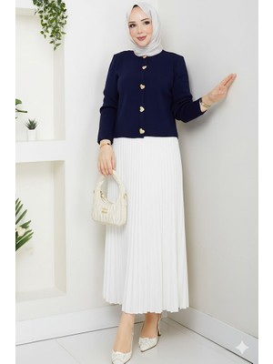RFK Butik Kadın Triko Gold Kalpli Hırka Piliseli Etekli Takım - Lacivert-Beyaz