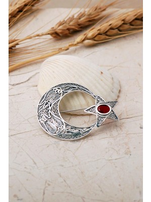 Sümer Telkari Ay Yıldız Telkari Işlemeli Elişi Kök Yakut Taşlı 925 Ayar Gümüş Broş 362