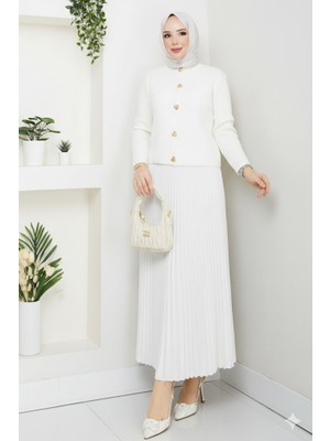 RFK Butik Kadın Triko Gold Kalpli Hırka Piliseli Etekli Takım - Beyaz-Beyaz