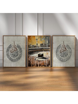 Pam Studio Kabe Temalı Ayetli Hat Yazılı 3’lü Duvar Tablosu Manevi Ev Dekoru Salon Oturma Odası