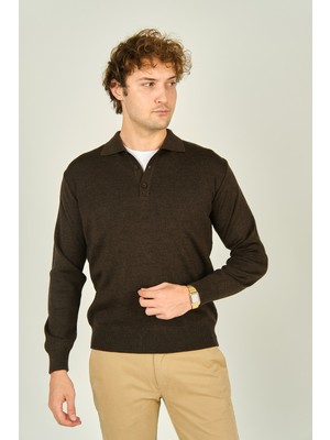Ateş Triko Erkek Polo Yaka Düğmeli Yün Kazak 6091023 Koyu Kahve