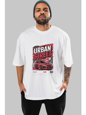 Ankhises Araba Serisi Ön Baskılı Oversize T-Shirt Erkek Kadın Pamuk Bisiklet Yaka Tişort