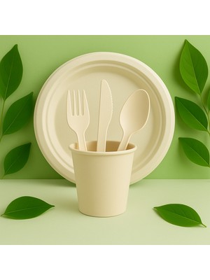 Ekolojik Ambalaj Doğa Dostu Doğum Günü-Piknik-Sofra Seti 10 Kişilik 50 Parça | 21cm Tabak,Bardak,Çatal,Kaşık,Bıçak