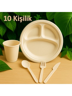 Ekolojik Ambalaj Doğa Dostu Organik Piknik-Sofra Seti 50 Parça | 26 cm 3 Bölmeli Tabak-Bardak-Çatal-Kaşık-Bıçak