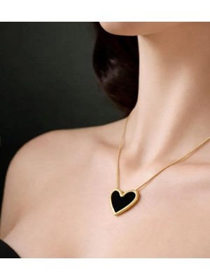 Septemmart Gold Renk Siyah Mineli Kalp Figürlü Minimal Kolye