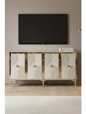 Yumedi Design KA1526BTG - Temtem Konsol ,tv Sehpası , Çok Amaçlı Dolap, Kahve Köşesi 150 cm Beyaz-Traverten-Gold