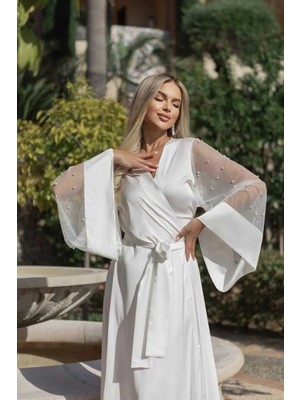 Velina Group Beyaz Saten Kolları Inci Detaylı Gelin Sabahlık Kimono Şık Sabahlık