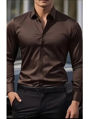 Vahik Koyu (Acı) Kahve Pamuklu Saten Fit Kesim Gömlek