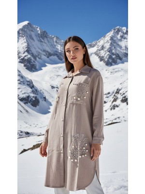 Gönülden Tasarım Zirkon Taş Boncuk Işleme Pamuklu Kadın Gömlek Tunik