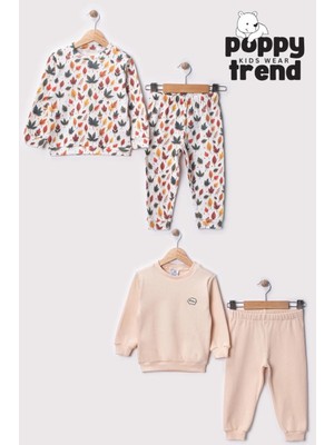 Bontino Unisex Çocuk Yapraklar Desenli Dijital Baskılı %100 Pamuk & Kaşkorse İkili Takım Premium Seri