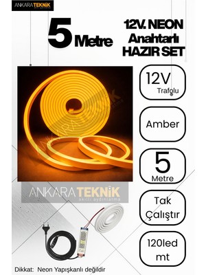Amber Neon LED Şerit 5 Metre Anahtarlı Tak Çalıştır Adaptörlü