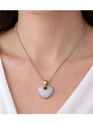 Septemmart Gümüş Renk Mikro Zirkon Taşlı Kalp Figürlü Top Zincir Kolye