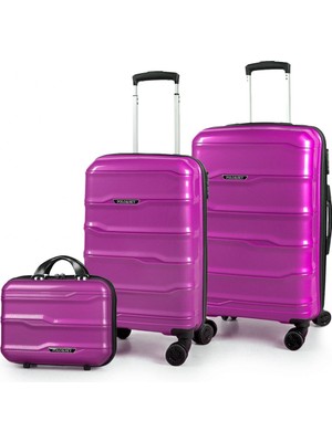 Polo&sky Azra Model Mor Pp Kırılmaz 3'lü Kabin Boy + Orta Boy + Makyaj Valiz Seti