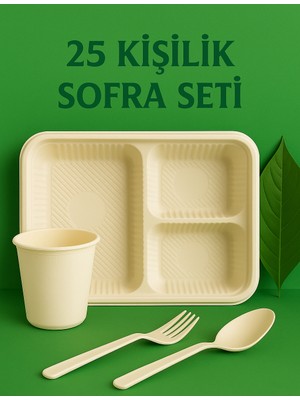 Ekolojik Ambalaj Doğa Dostu Davet-Organizasyon-Piknik-Sofra Seti 25 Kişilik 100 Parça | 3 Bölmeli Tabldot-Çatal-Kaşık
