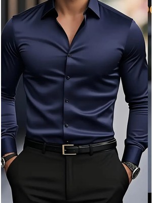 Vahik Lacivert Pamuklu Saten Fit Kesim Gömlek