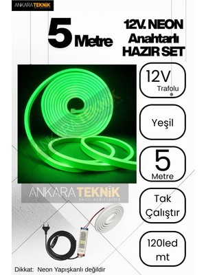 Yeşil Neon LED Şerit 5 Metre Anahtarlı Tak Çalıştır Adaptörlü
