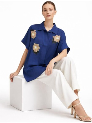 Gönülden Tasarım Çiçekli Pul Payetli Kısa Kollu Kadın Oversize Gömlek
