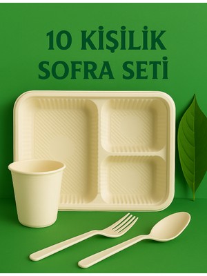 Ekolojik Ambalaj Doğa Dostu Davet-Organizasyon-Piknik-Sofra Seti 10 Kişilik 40 Parça | 3 Bölmeli Tabldot-Çatal-Kaşık