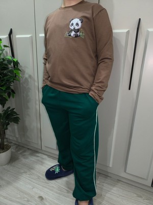 Pidal Giyim Sevimli Küçük Panda Baskılı Pamuklu Uzun Kollu Unisex Çocuk Eşofman Takımı