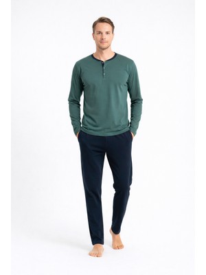 CharMe Erkek Pamuklu Önü Düğmeli Uzun Kollu Rahat Kalıp Pijama Takımı