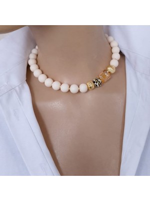 Sinem Şanlı Atelier Mira Silikon Boncuk Kristal Detaylı Tasarım Kolye Krem Yeşil