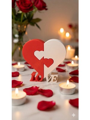 "tamamlayan Parçam" Temalı Romantik Masa Süsü - Geçmeli Ikili Kalp ve Love Obje