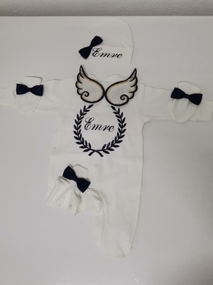 Minik Adımlar Minik Adımlar Isme Özel Melek Kanatlı Nakışlı Bebek Tulum Seti Nakış