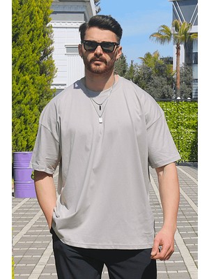 Eydamoon Erkek Taş Oversize Süprem %100 Pamuk Kumaş Bisiklet Yaka T-Shirt