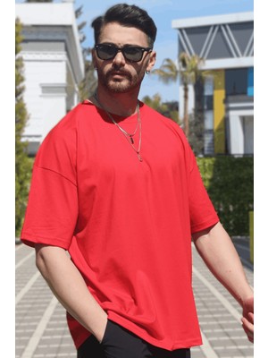 Eydamoon Erkek Kırmızı Oversize Süprem %100 Pamuk Kumaş Bisiklet Yaka T-Shirt