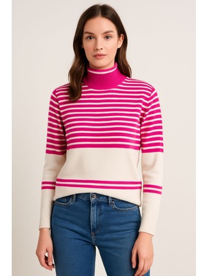 Gönülden Tasarım Pembe Beyaz Çizgili Oversize Kadın Kazak