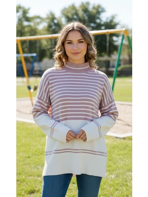 Gönülden Tasarım Çizgili Renkli Kadın Oversize Kazak