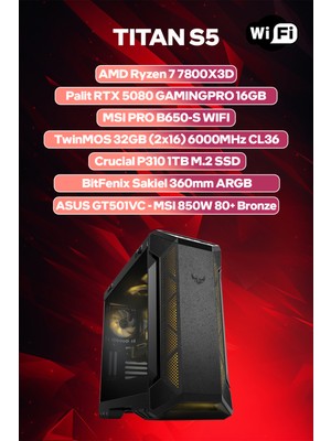 Game Garaj Titan S5 Amd Ryzen 7 7800X3D 32GB Ram 1tb SSD RTX5080 360MM Sıvı Soğutma Freedos Oyuncu Oem Paket