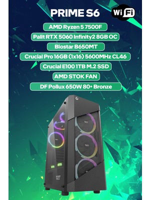 Game Garaj Prime S6 Amd Ryzen 5 7500F 16GB RAM 1TB SSD RTX5060 Freedos Oyuncu OEM Paket