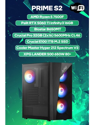 Game Garaj Prime S2 Amd Ryzen 5 7500F 32GB RAM 1TB SSD RTX5060Ti 16GB Freedos Oyuncu OEM Paket