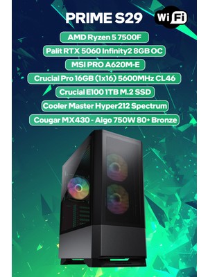 Game Garaj Prime S29 Amd Ryzen 5 7500F 16GB Ram 1tb SSD RTX5060 Freedos Oyuncu Oem Paket