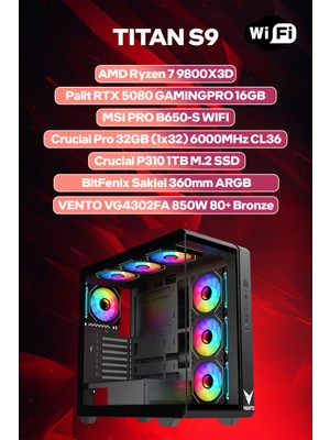 Game Garaj Titan S9 Amd Ryzen 7 9800X3D 32GB Ram 1tb SSD RTX5080 360MM Sıvı Soğutma Freedos Oyuncu Oem Paket