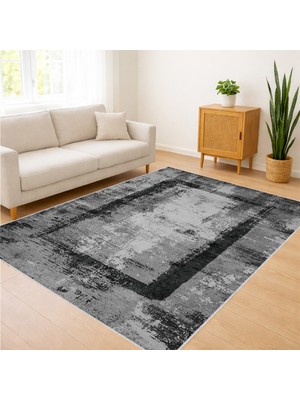 Gri ve Siyah Eskitme Efektli Salon Halısı Yıkanabilir Toz Tutmaz Yüzey Kaymaz Tabanlı - Fnl-34
