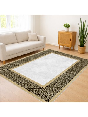 Krem Bordürlü Açık Renk Salon Halısı Yıkanabilir Kaymaz Tabanlı Ferah ve Aydınlık Alanlar Için - FNL-102