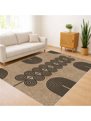 Bej Zeminli Yuvarlak Desenli Salon Halısı Antialerjik Kaymaz Tabanlı Doğal Dekorasyon Için - FNL-290