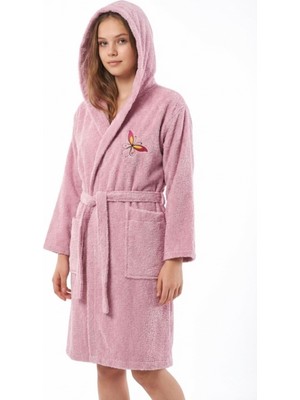 Hera Textile Kapüşonlu ve Kemerli Pamuklu PEMBE Erkek-Kız Genç Çocuk Bornozu(PAMUKLU-KELEBEK NAKIŞLI-YUMUŞAK)