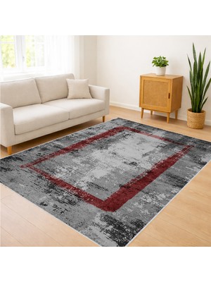 Gri Zemin Üzerine Kırmızı Detaylı Modern Salon Halısı Leke Tutmaz Kaymaz Tabanlı Dört Mevsim Kullanım - Fnl-35