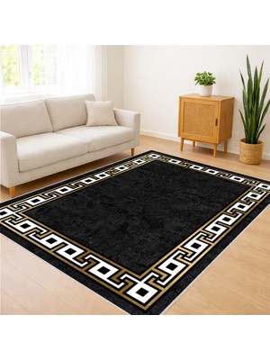 Geometrik Bordürlü Siyah Salon Halısı Yıkanabilir Kaymaz Tabanlı Yaz Kış Kullanıma Uygun Modern Dekorasyon - Fnl-13