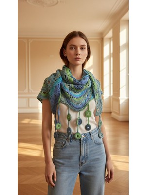 Gönülden Tasarım El Örgüsü Mavi Kadın Fuylar Şal 155X50 cm