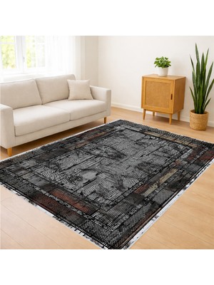 Koyu Gri Tonlarda Eskitme Görünümlü Oturma Odası Halısı Toz Tutmaz Kaymaz Tabanlı - FNL-228