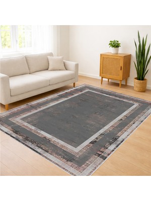 Gri Tonlu Minimal Çerçeveli Salon Halısı Yıkanabilir Kaymaz Tabanlı Sade ve Modern Yaşam Alanları Için - Fnl-19