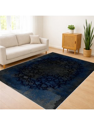 Lacivert ve Antrasit Tonlarında Modern Desenli Salon Halısı Yıkanabilir Kaymaz Tabanlı Toz ve Leke Tutmaz Dört Mevsim Kullanıma Uygun - Fnl-09