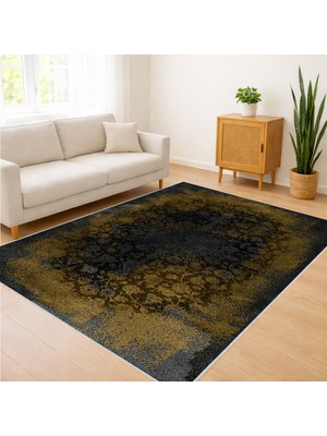 Siyah ve Altın Dokulu Dijital Baskı Oturma Odası Halısı Antialerjik Yapıda Kolay Temizlenir Kaymaz Tabanlı Şık Tasarım - Fnl-10