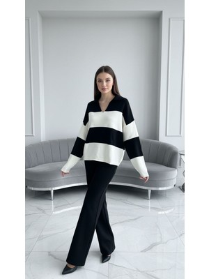 Gönülden Tasarım Siyah Beyaz Çizgili Triko Kadın Oversize Kazak